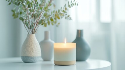 Fototapeta premium A scented candle on a white table with vases on a modern minimalist background.
