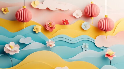 A vibrant and colorful paper art scene featuring pink lanterns, waves, clouds, and flowers, creating a whimsical atmosphere.