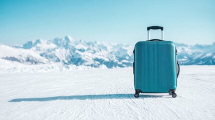 A vibrant turquoise suitcase with wheels is positioned on a vast snowy mountain landscape, symbolizing travel and adventure against a clear blue sky backdrop.