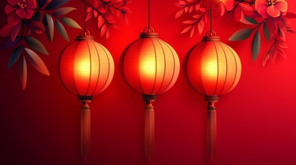 Fototapeta premium Three glowing red lanterns for new year hang against a vibrant red backdrop adorned with leaves and flowers.