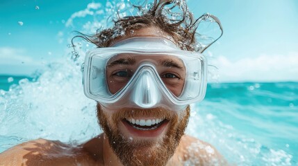 Naklejka premium A smiling man wearing diving goggles enjoying a refreshing moment in the sea, embracing the joy of a sunny day and the act of enjoying water play.