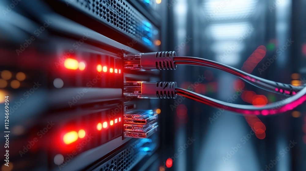 Poster a detailed close-up image of network cables plugged into a server unit, highlighted by glowing red a