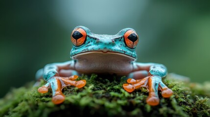 A vividly colored frog with bright orange toes contrasts against the green moss, lying motionless, embodying the captivating wonders and adaptability of nature's design.