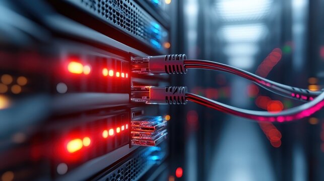 A detailed close-up image of network cables plugged into a server unit, highlighted by glowing red and blue lights, emphasizing connectivity and technology.