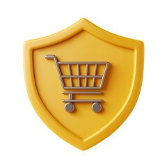 3D Shield Icon Protecting Shopping Cart with Minimal Cartoon Design on Isolated White Background
