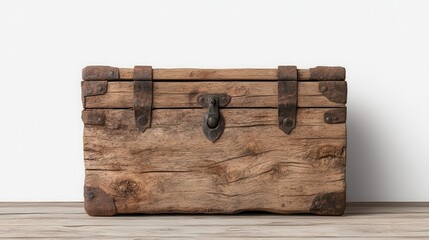 This classic light wooden chest is complemented by heavy metal clasps and a lock, providing security and style. It offers a rustic touch to any space.