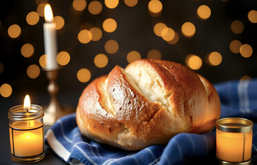 Hanukkah backdrop featuring Challah on a dark background.