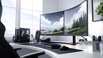 A modern computer setup with a curved monitor, keyboard, and mouse, with gaming gear in the background. High-tech computer setup.