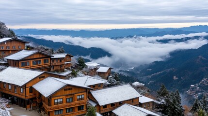 Fototapeta premium A stunning aerial perspective showcases wooden houses blanketed in snow, with towering mountains and lush forests enveloping the village below