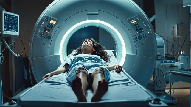 Woman patient lies on the computer scanner bed for MRI examining in hospital - Health care and magnetic resonance imaging machine in medical center concept - Model by AI generative
