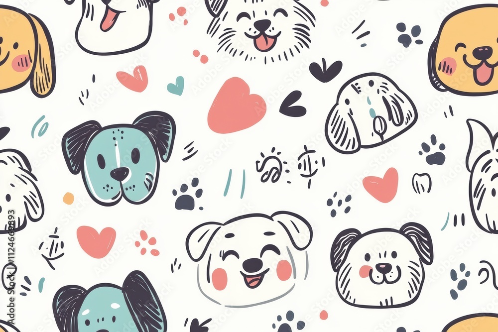 Poster a whimsical doodle pattern showcases various adorable dog faces surrounded by playful elements, prov