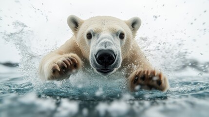 A determined polar bear dives with vigor through icy waters, showcasing strength and resilience against arctic challenges, with splashes of water around it.