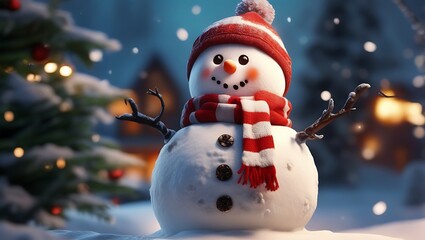 Beautiful snowman in winter landscape