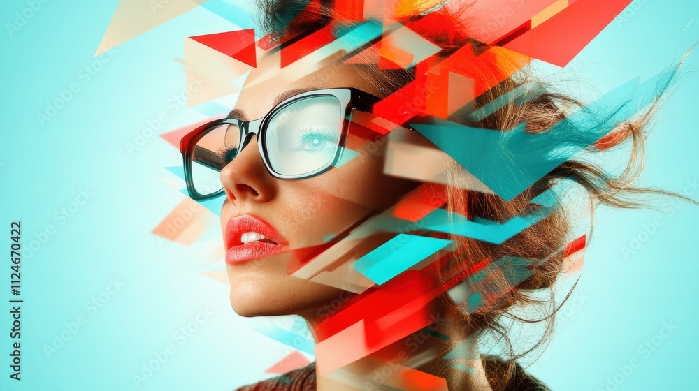 Aufkleber an abstract image features a woman's face imbued with dynamic geometric graphics, emphasizing a bala