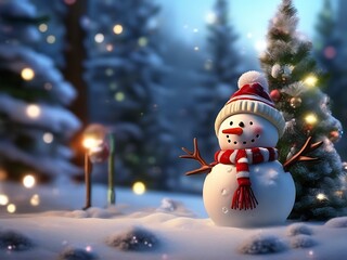 Beautiful snowman in winter landscape