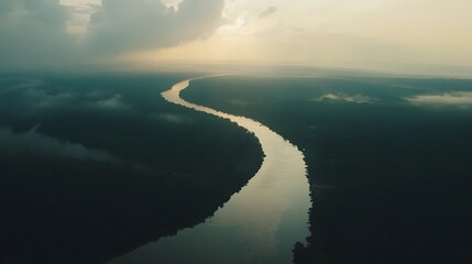 Aerial view of the Amazonas jungle landscape with river bend