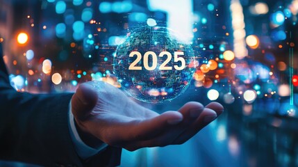 The 2025 New Year business goals concept. Businessman analyzes graph of trend market growth in 2025 and plans business growth and profit increases. calculates financial data for long-term investments 