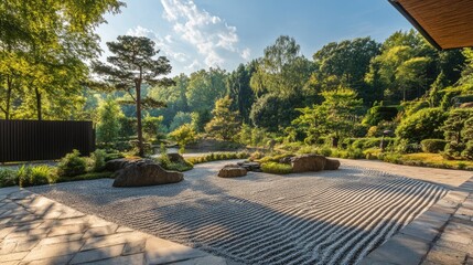 Fototapeta premium A serene Japanese Zen garden with raked gravel
