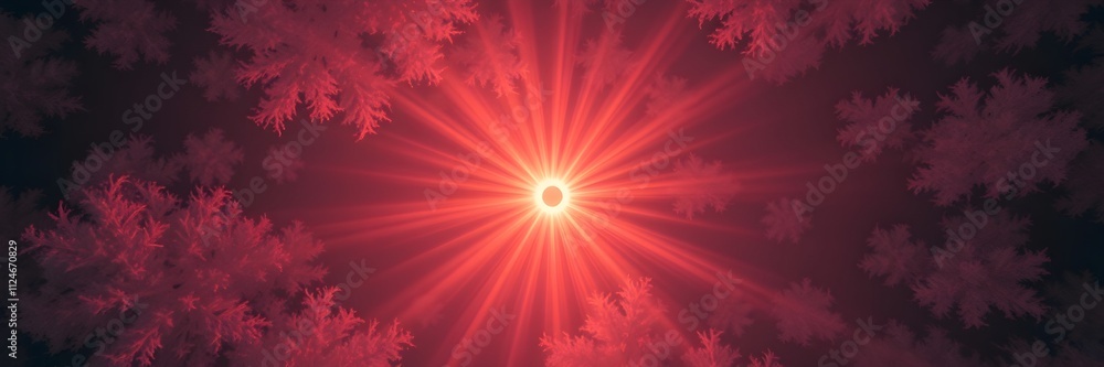 Poster radiant light rays emerging from a glowing core in a deep red atmosphere