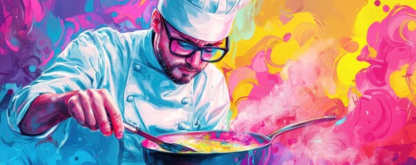 determination drive struggle concept. A vibrant chef expertly stirs a pot, surrounded by colorful smoke, showcasing creativity and passion for culinary arts.