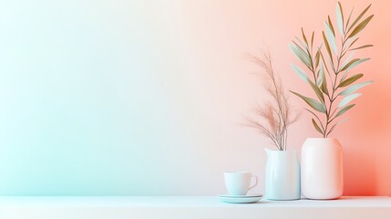 A simple, minimalist still life with a coffee cup, two vases and greenery on a white shelf against a peach and blue wall.