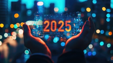 The 2025 New Year business goals concept. Businessman analyzes graph of trend market growth in 2025 and plans business growth and profit increases. calculates financial data for long-term investments 