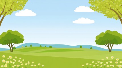 Spring Meadow Landscape  Green Hills  Trees  Daisies  Blue Sky