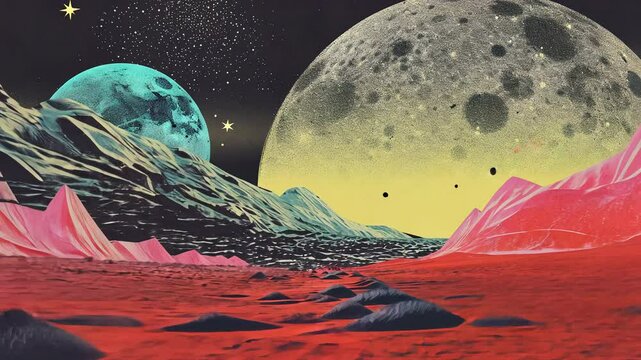 Vintage risograph collage of alien planet in space, pastel halftone, geometric shapes, abstract grain texture