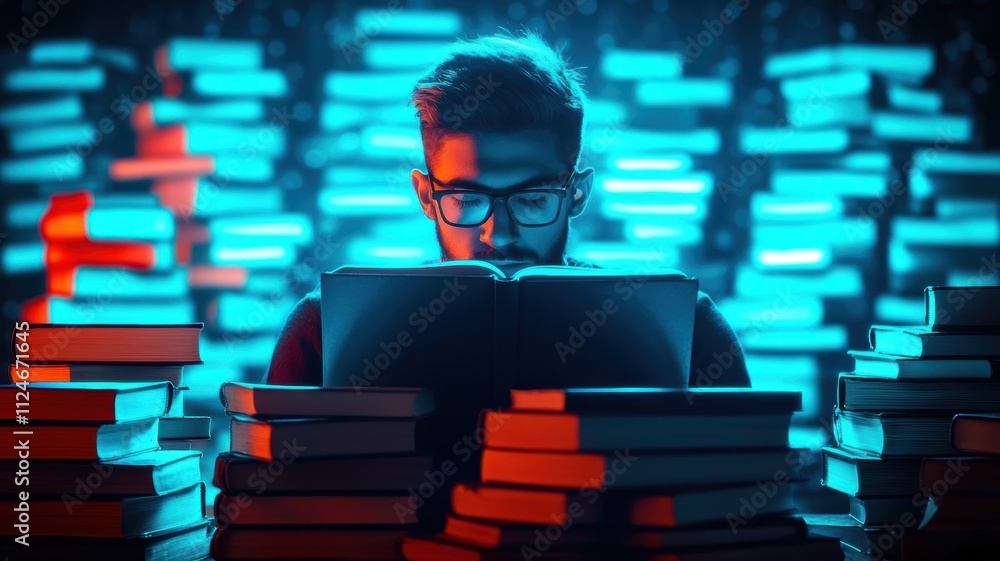 Poster determination drive struggle concept. a person reading a book surrounded by stacks of books, illumin