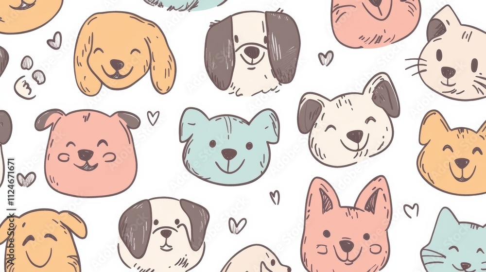 Aufkleber charming doodle design showcases various dog faces in soft colors, providing room for text and creat