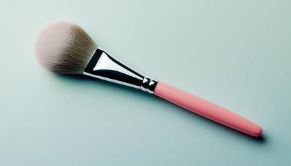 A shiny silver makeup brush with a pink handle lying on a clean pastel-colored background