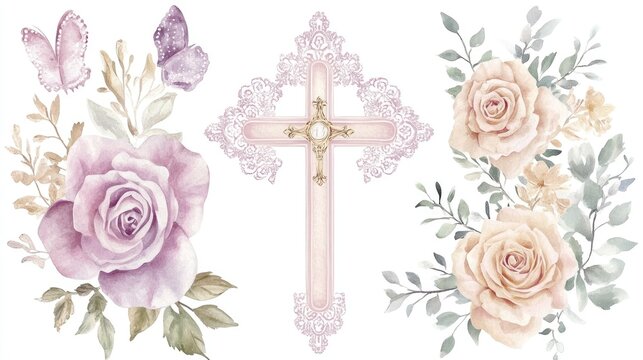 A set of cute watercolor templates for Baptism invitations. Vintage rose lace frame with holy cross. Girl christening ceremony. A little princess party.. - Powered by Adobe