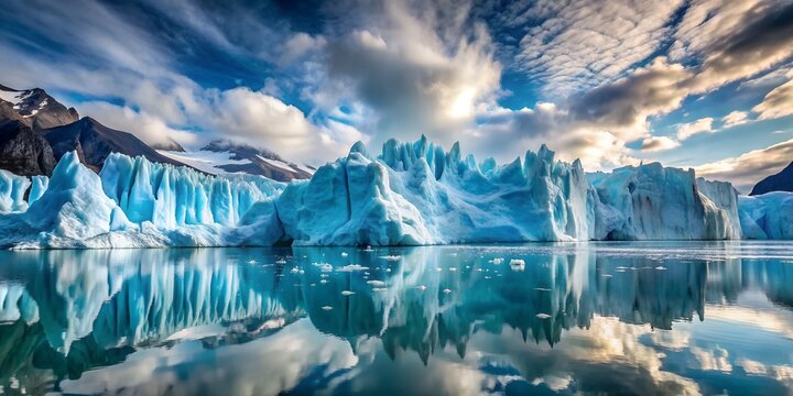 Surreal reflection of glaciers against a vibrant sky at twilight in a remote wilderness - Powered by Adobe