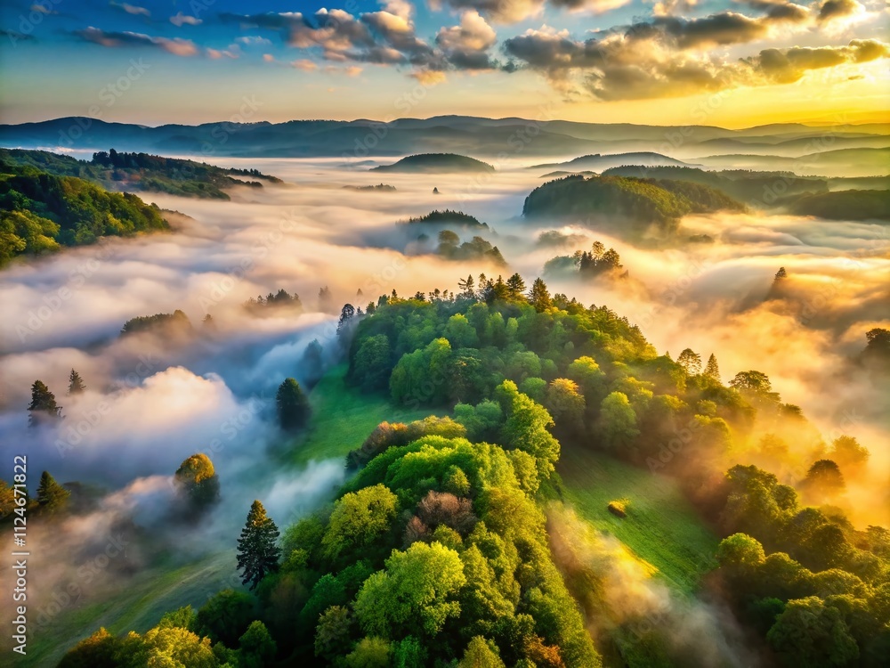 Poster aerial view of enigmatic fog shrouding lush landscape, illuminated by soft sunlight, creating an enc