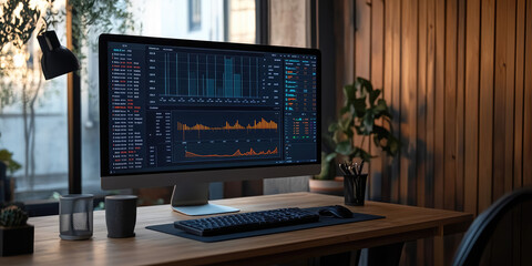 Digital analytics data on computer screen, financial schedule, monitor with graphs  