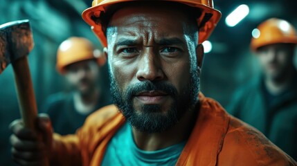 A focused worker in an industrial setting, wearing protective gear, holds a heavy tool; illustrating themes of labor, concentration, and resilience at work.