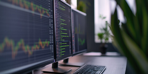 Digital analytics data on computer screen, financial schedule, monitor with graphs  