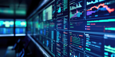 Obraz premium Digital analytics data on computer screen, financial schedule, monitor with graphs 