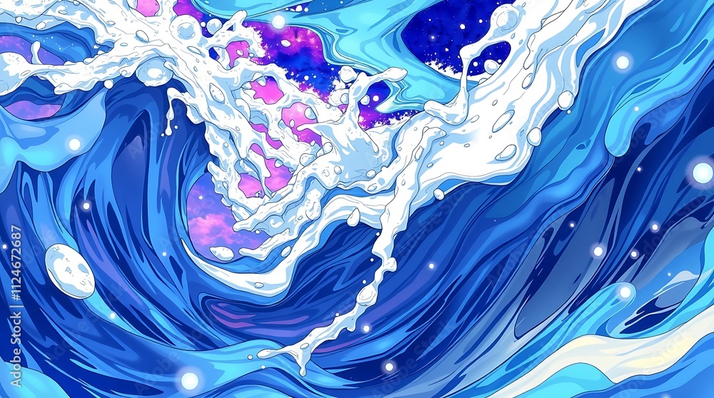 Poster cosmic ocean wave: abstract art depicting a swirling, vibrant ocean wave with cosmic elements, creat