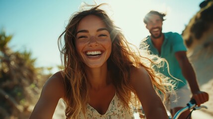 A joyful couple is riding bicycles together along a sunlit beach path, their faces illuminated by the sun, surrounded by coastal scenery and vibrant energy.