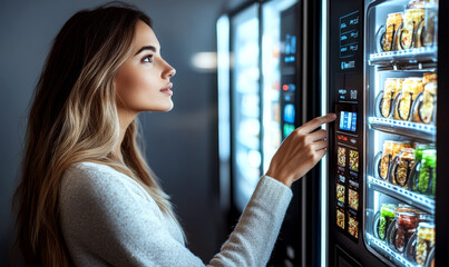 A woman interacts with a vending machine in a softly lit setting. Concept of convenience and modern lifestyle. For technology or lifestyle content