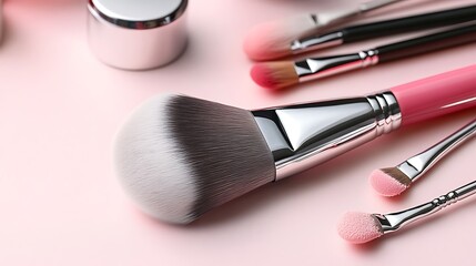 A silver makeup brush with a pink handle next to makeup tools, placed on a soft pink background