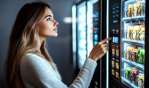 A woman interacts with a vending machine in a softly lit setting. Concept of convenience and modern lifestyle. For technology or lifestyle content