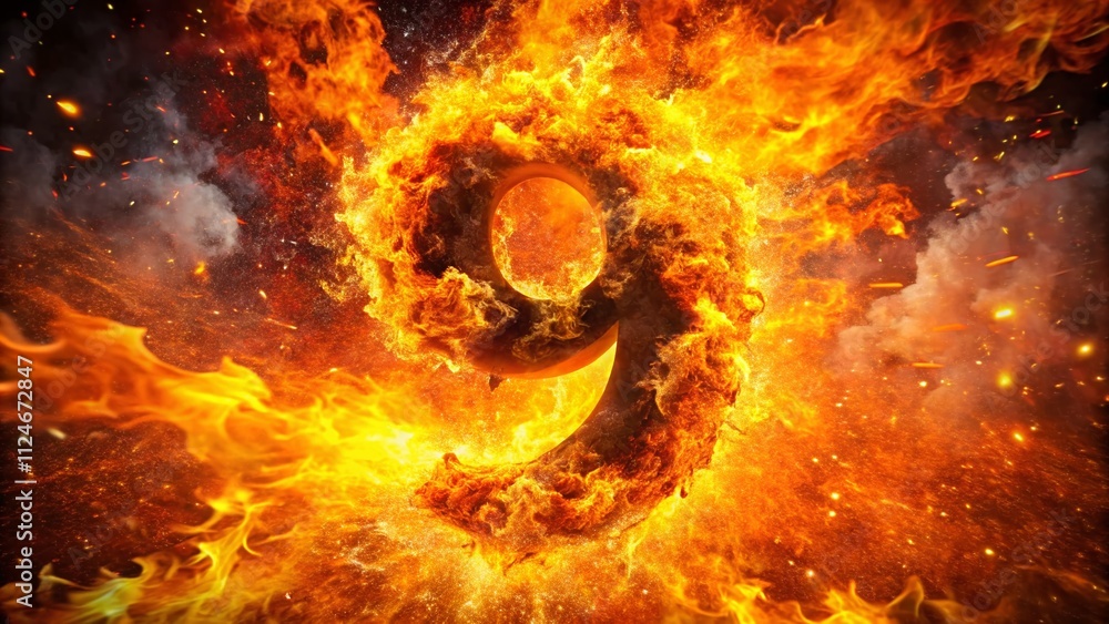 Poster aerial view of fiery number 9 with sparks and explosive flames in a stunning 3d illustration for cre