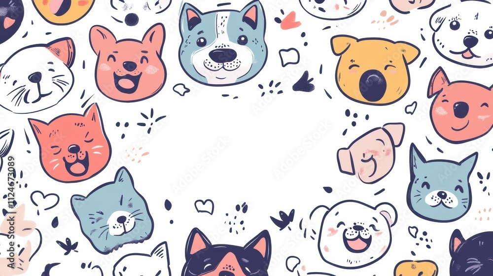 Poster This playful design showcases a variety of cheerful dog faces in a doodle style, surrounded by decorative elements. Generative AI