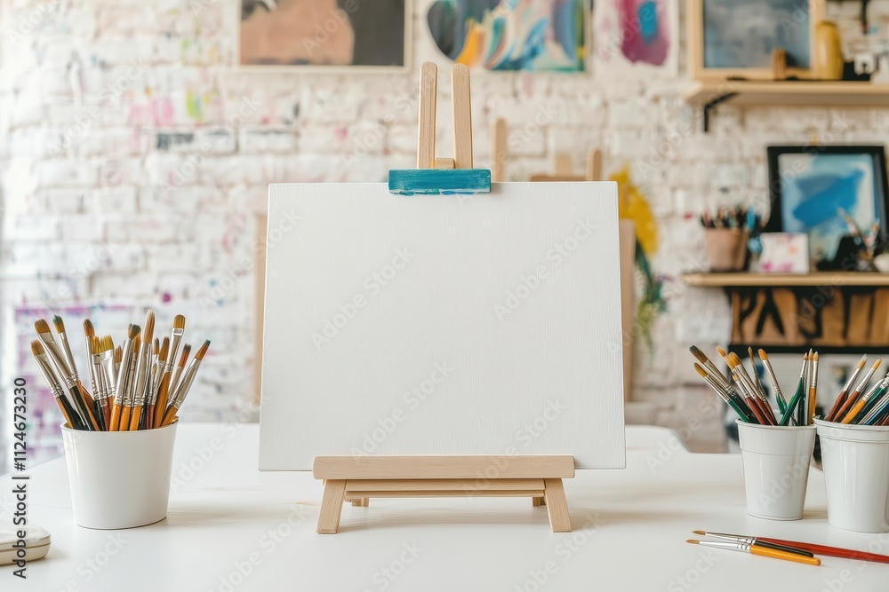 Poster Blank canvas on easel surrounded by paintbrushes in an artistic studio setting