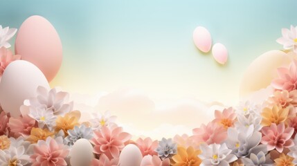 Springtime Dream, Abstract Art with Blooming Flowers and Floating Eggs