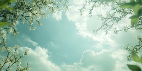Light breeze swaying the branches of a tree, soft clouds above, a peaceful and airy atmosphere, with reserved text space.