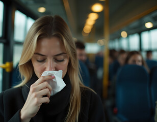 AI generation of sick girl sneeze in the napkin in the bus. Concept of allergy or season of colds