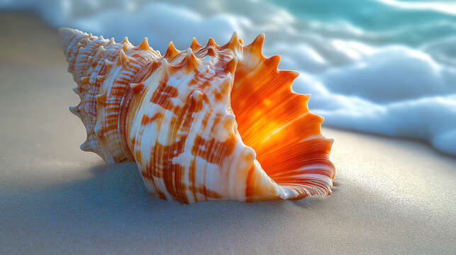 Detailed Close-up of a Beautiful Seashell on the Beach. A stunning close-up of a vibrant seashell resting on a sandy beach.